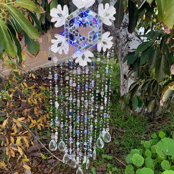 Winter Wonderland Blue Light Wind Chime Sun Catcher w/ Mosaic Mirrors & Crystals - Picture 5 of 11